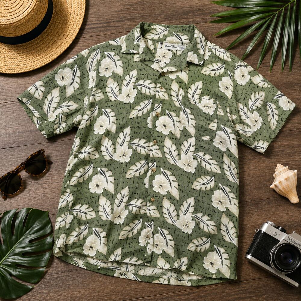 Island Hawaiian Men's Shirt Size Large Green/White Palm Trees Button Up (374)